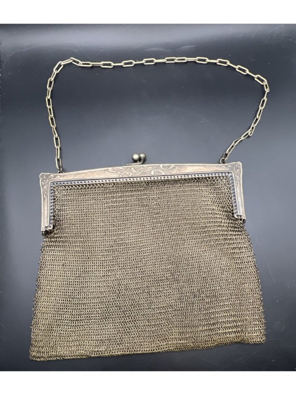 Antique Art Nouveau German Silver Mesh Purse Engraved 6.5" 290g